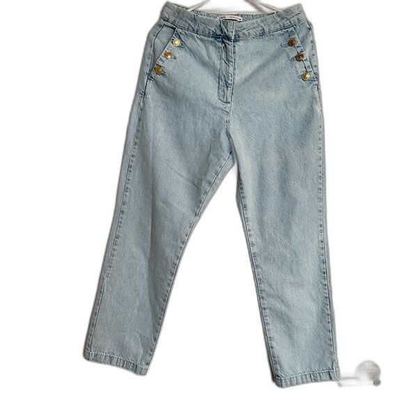 High Rise Waist Gold Button Straight Leg Jeans Denim Pants Sz Large - Picture 5 of 10